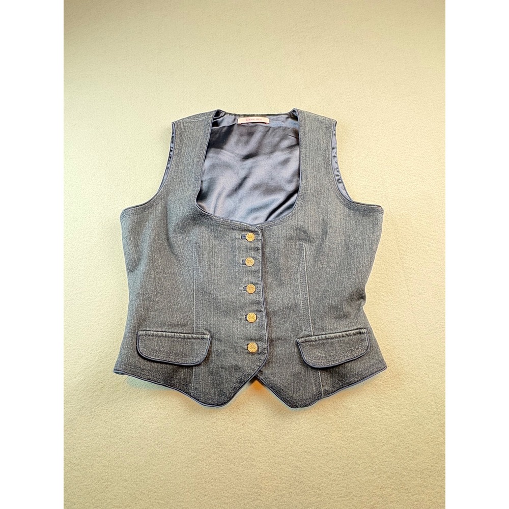Gianni Bini Gray Denim Vest Gold Button Scoop Neck Tailored Waistcoat Medium
